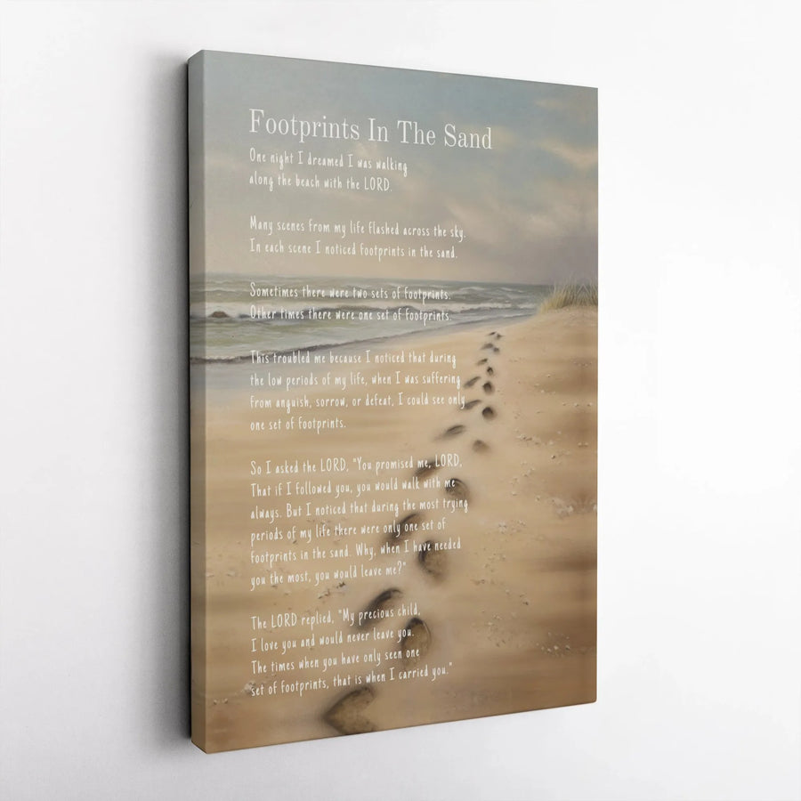 Footprints In The Sand Canvas | Inspirational Poem & Beach Scene | Premium Gallery Wrap Print | Christian Religious Home Decor Gift