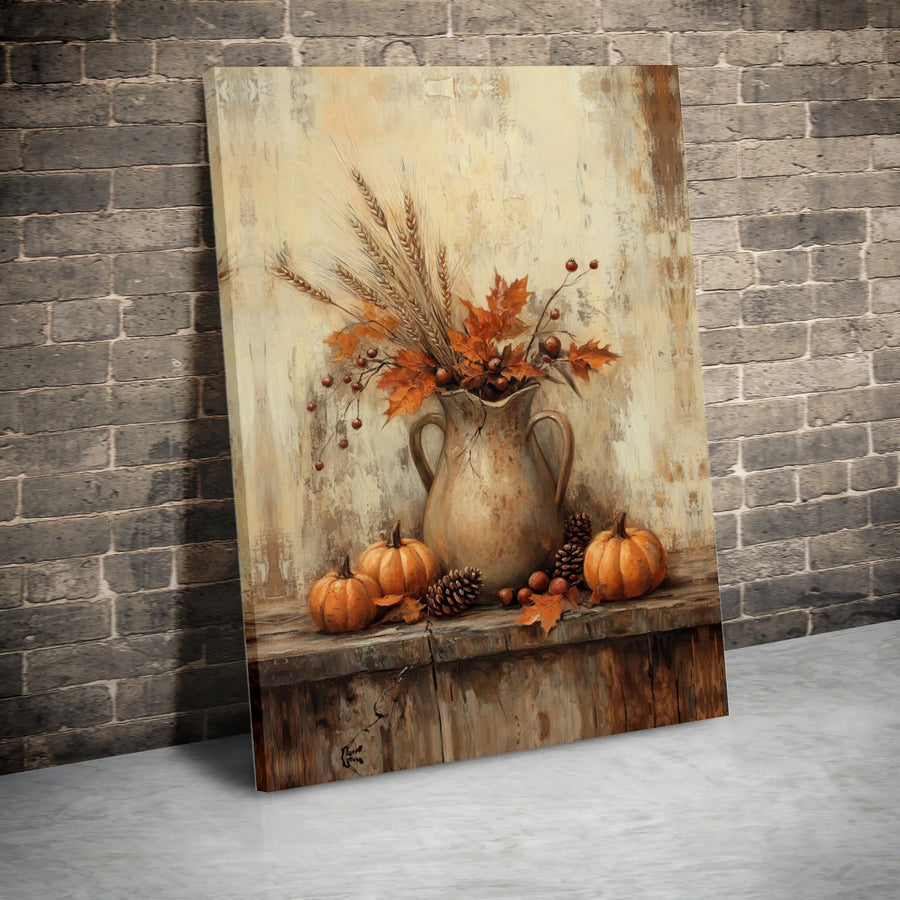 Autumn Still Life Canvas Print | Rustic Pumpkin & Wheat Harvest Decor | 1.25-Inch Gallery Wrap | Seasonal Farmhouse Home Wall Art