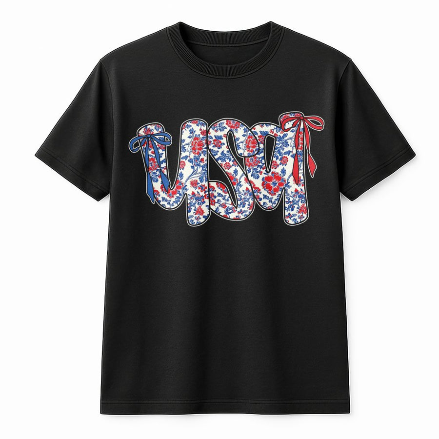 USA Floral Coquette Bow T-Shirt | Retro Red White and Blue Graphic | Premium Cotton Patriotic Tee | 4th of July Gift for Women