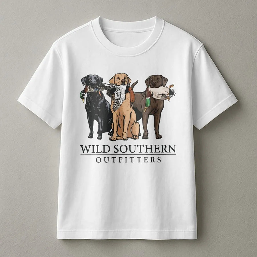 Hunting Dog T-Shirt | Labrador Retriever Trio Duck Hunting Graphic | Premium Cotton-Blend | Gift for Outdoorsman and Dog Lover