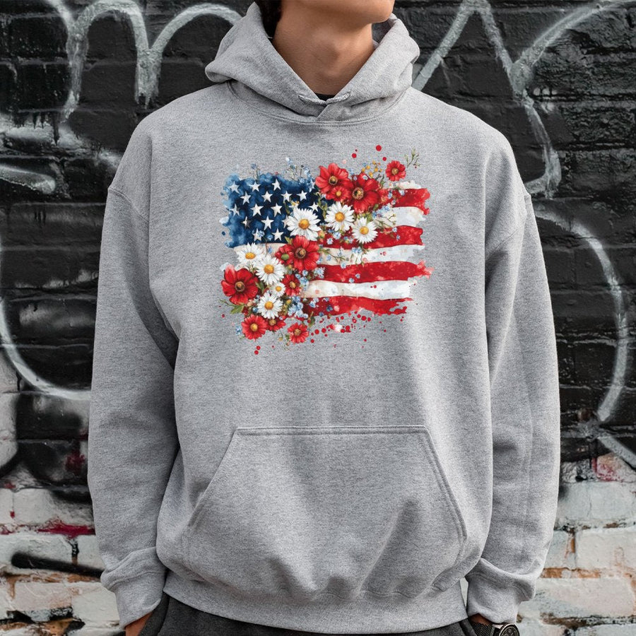 Floral American Flag Hoodie | Watercolor Patriotic Flowers Graphic | Soft Cotton-Blend Premium Quality | 4th of July Outfit for Women
