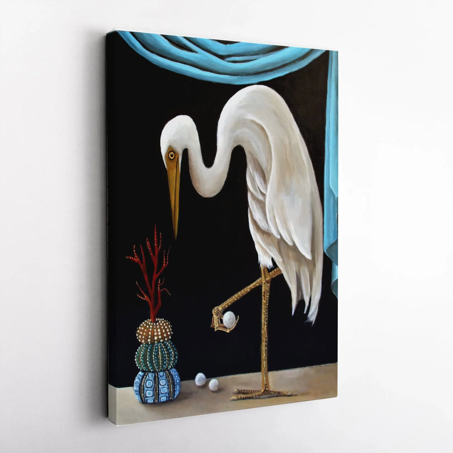 Great Egret and Pearl Vertical Canvas | Surreal Wildlife Painting Print | Premium Gallery-Wrapped Art | Unique Collector's Gift for Home Decor