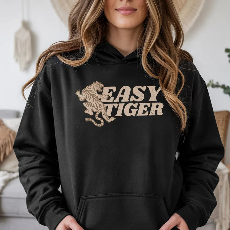 Easy Tiger Hoodie | Retro Tattoo Style Graphic Pullover | Premium Cotton Blend | Unisex Indie Grunge Crewneck Gift