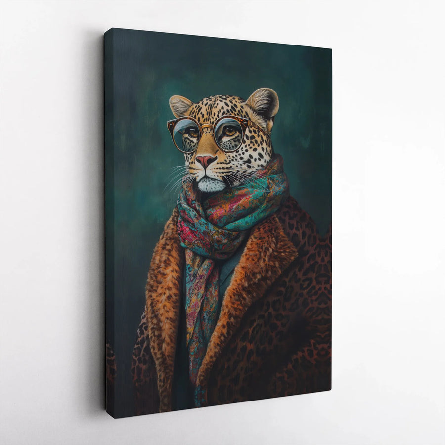 Dapper Leopard Canvas Art | Sophisticated Animal Portrait with Scarf | Premium Gallery Wrap Wall Decor | Whimsical Office or Living Room Gift