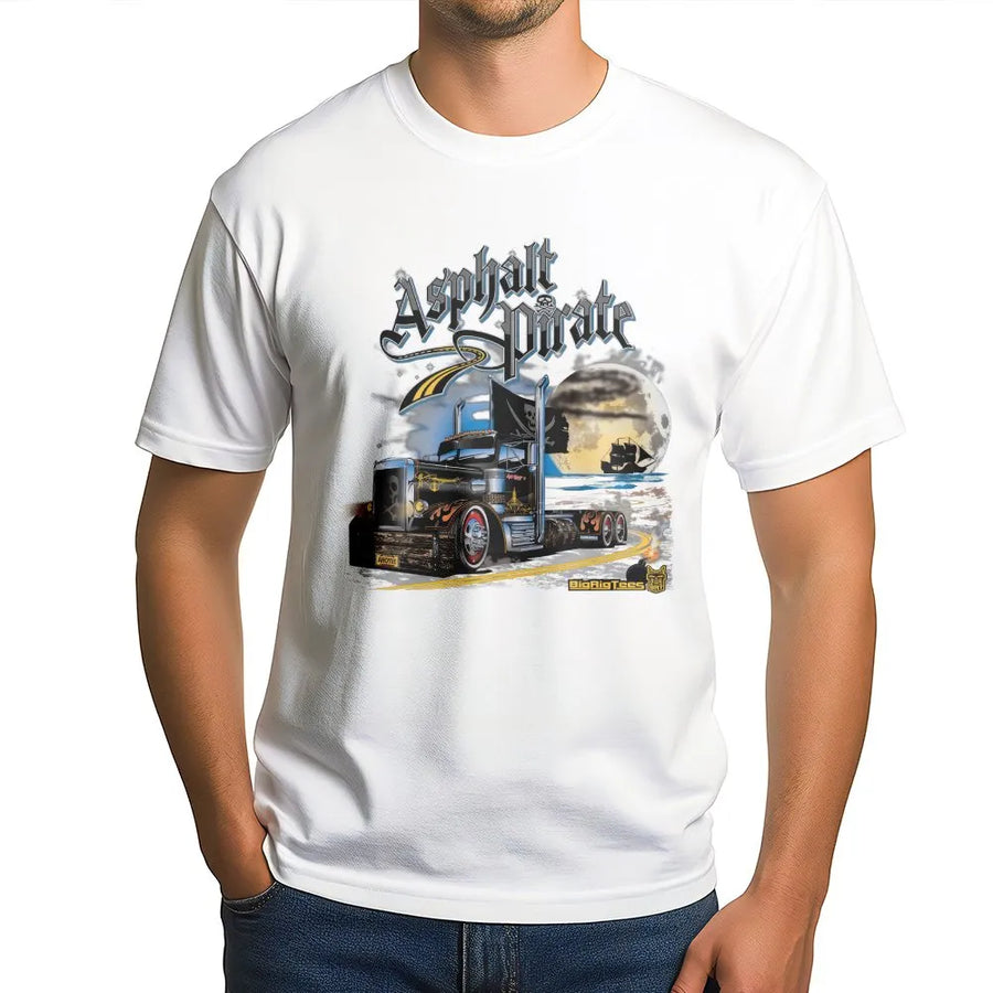 Asphalt Pirate Trucker T-Shirt | Retro Big Rig Graphic Crewneck | Plush Cotton Blend | Unique Gift for Truck Drivers & Semi Fans