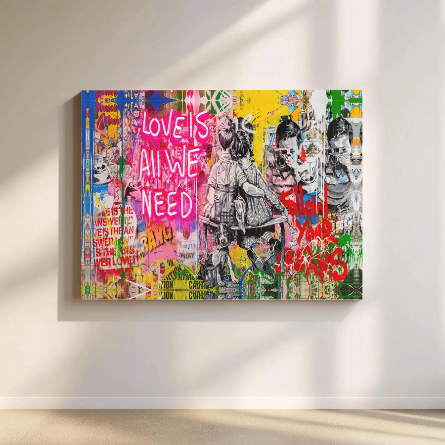 Love Is All We Need Canvas Wall Art | Vibrant Graffiti Street Art Collage | Premium 1.25 Inch Gallery Wrap | Modern Home Office Decor Gift