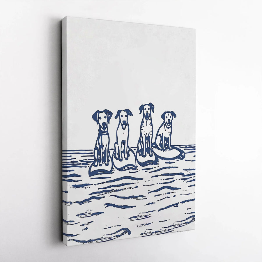 Dog Surfing Canvas Art | Minimalist Block Print Coastal Decor | Premium Fade-Resistant Gallery Wrap | Gift for Dog Lovers & Beach House Wall Art