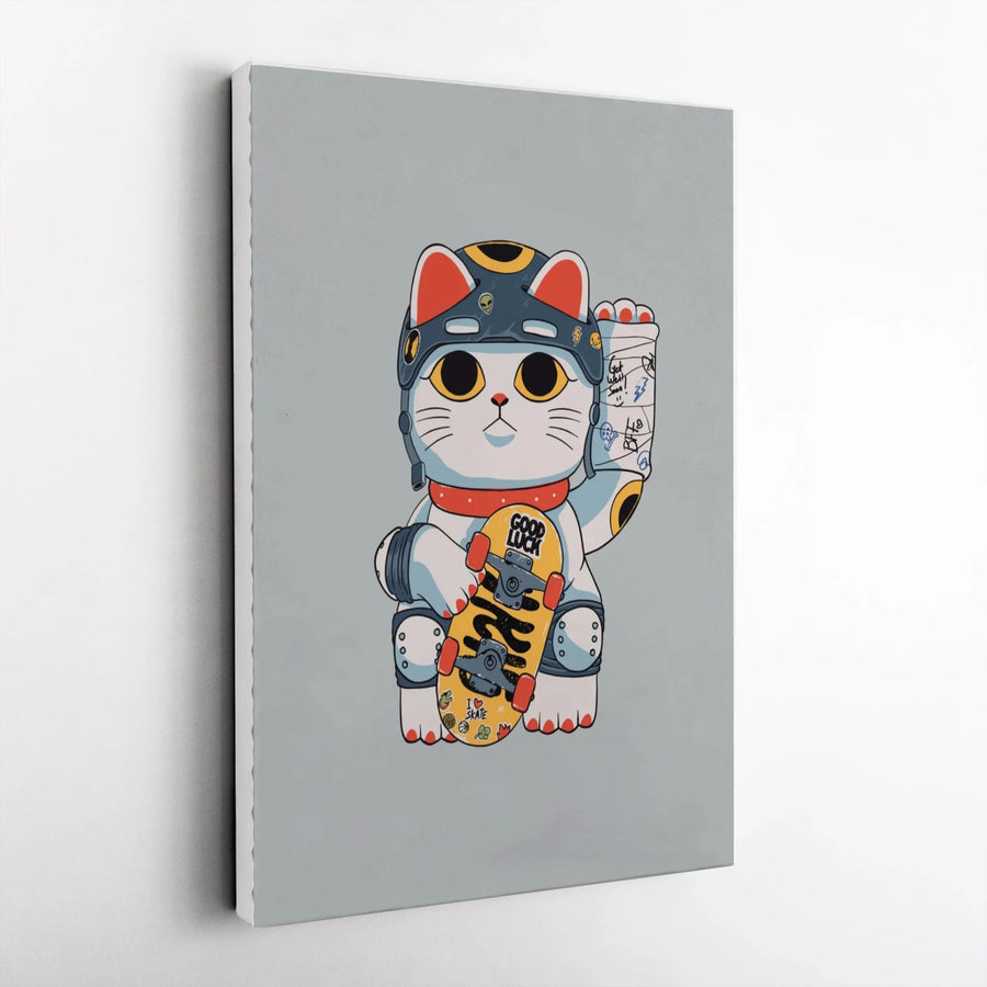 Unlucky Skater Cat Vertical Canvas | Cartoon Maneki Neko with Skateboard | Premium Gallery Wrap Wall Art | Unique Collector's Gift for Home Decor