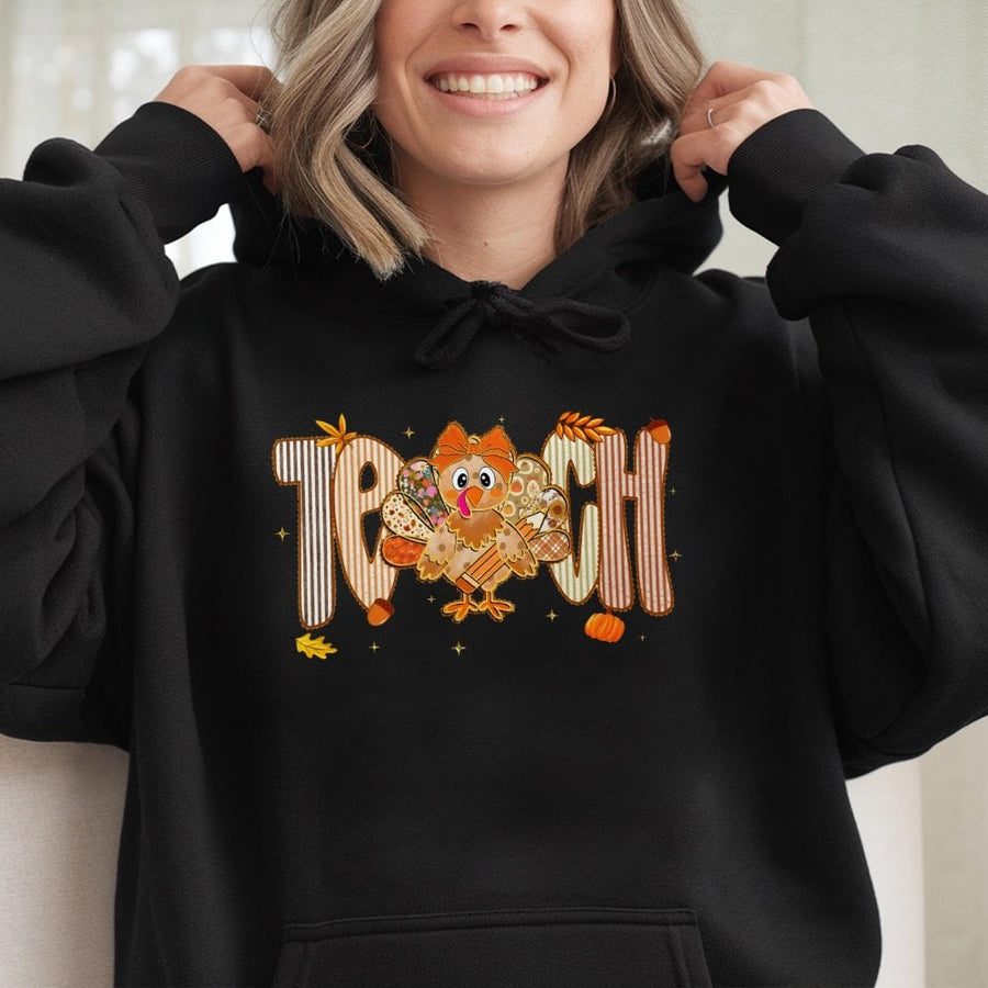 Teacher Turkey Hoodie | Thanksgiving Cute School Fall Design | Soft Cotton Blend | Festive Gift For Teachers & Educators