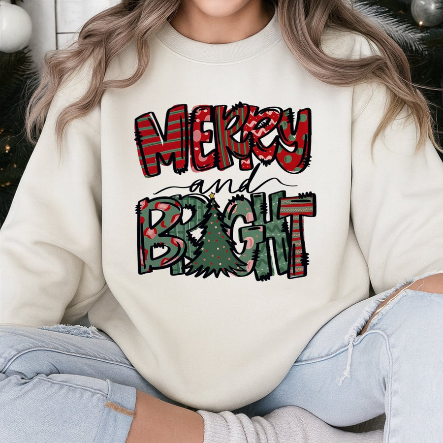 Merry and Bright Christmas Sweatshirt | Festive Holiday Graphic Tree Design | Premium Cotton Blend | Cozy Unisex Gift for Winter Holidays