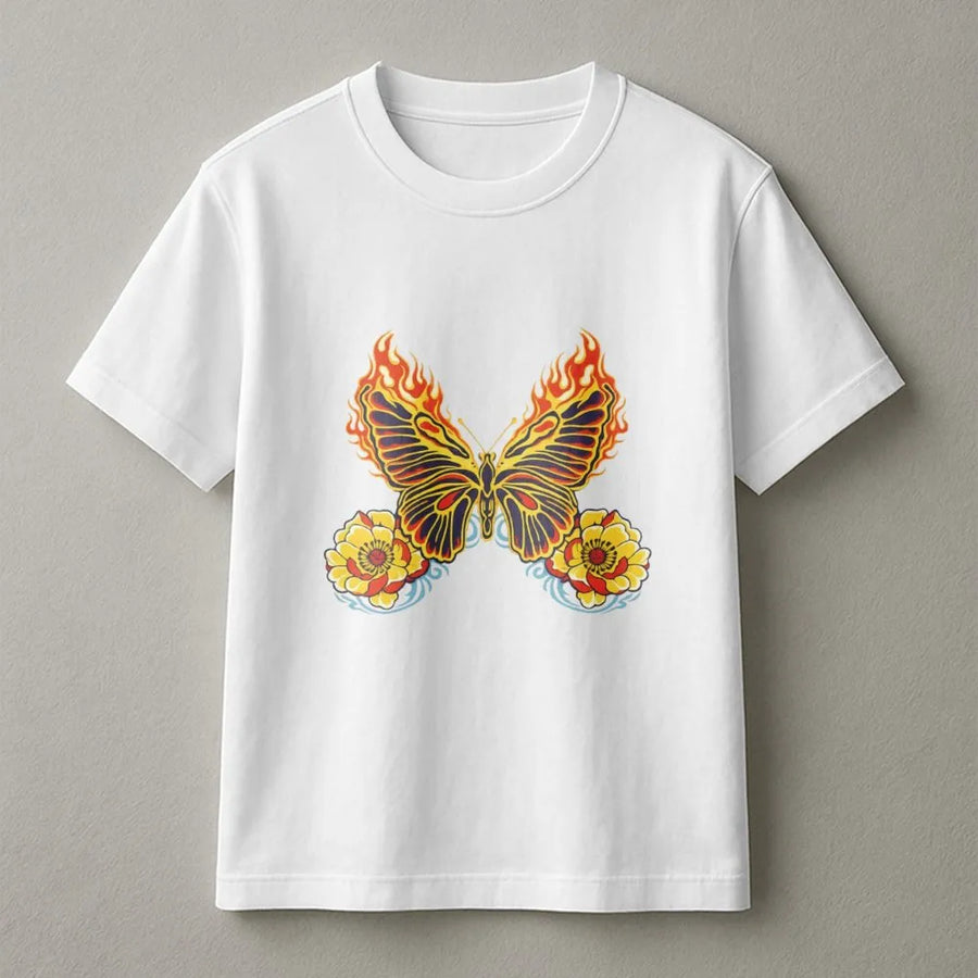 Flaming Butterfly T-Shirt | Edgy Tattoo Style Graphic | Premium Soft Cotton | Unisex Gift for Alternative Fashion Lovers