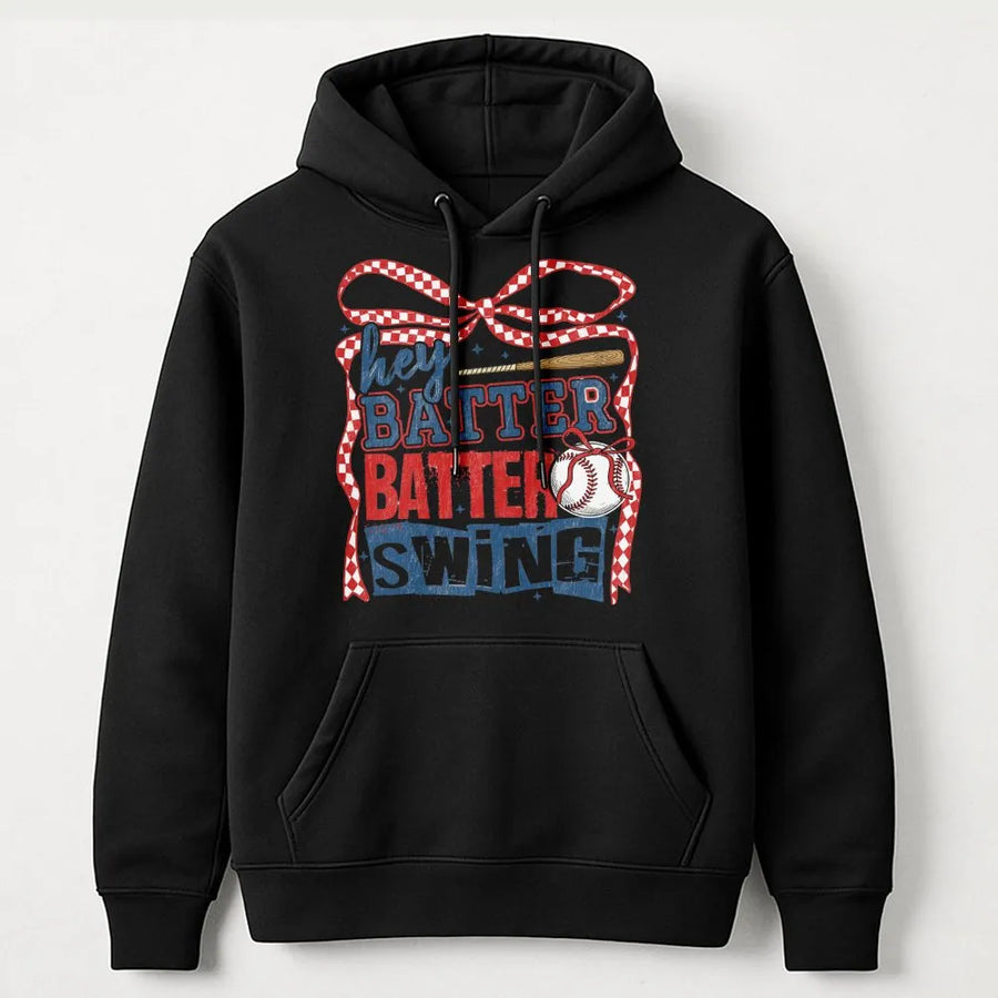 Baseball Mom Hoodie | Hey Batter Batter Swing Graphic | Premium Cotton Blend | Gift for Softball Fans and Sports Enthusiasts