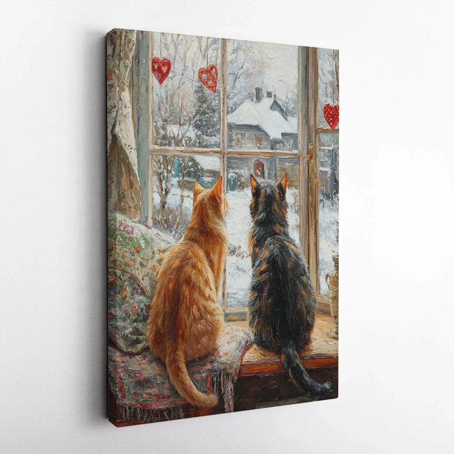 Winter Cats Wall Art Canvas | Romantic Window Scene With Red Hearts | 1.25-Inch Gallery Wrap | Cozy Home Decor Gift For Cat Lovers