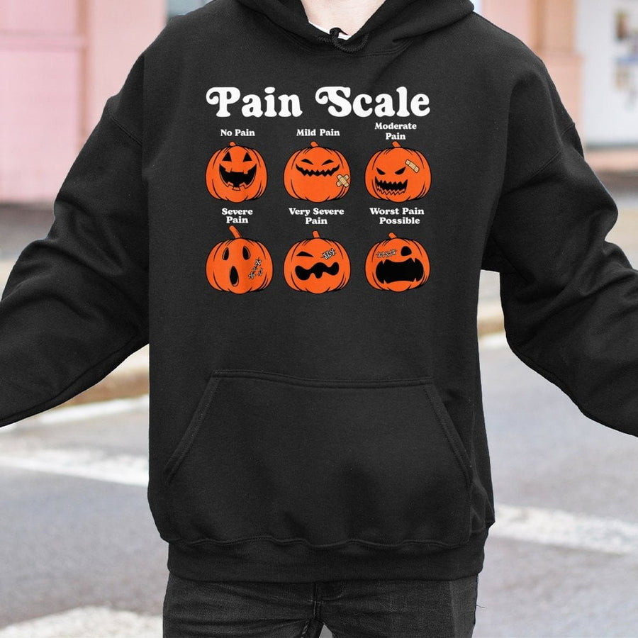 Halloween Pain Scale Pumpkin Hoodie | Funny Nurse RN Graphic Sweatshirt | Premium Cotton-Poly Blend | Cute Gift for Nurses & Nursing Students