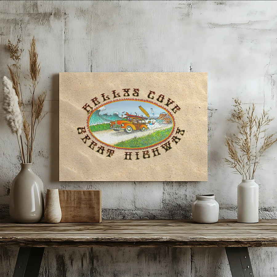 Kelly's Cove Great Highway Surf Canvas Art | Retro Woody Car Illustration | Gallery-Quality 1.25" Profile | Coastal Home Decor Gift for Surfers