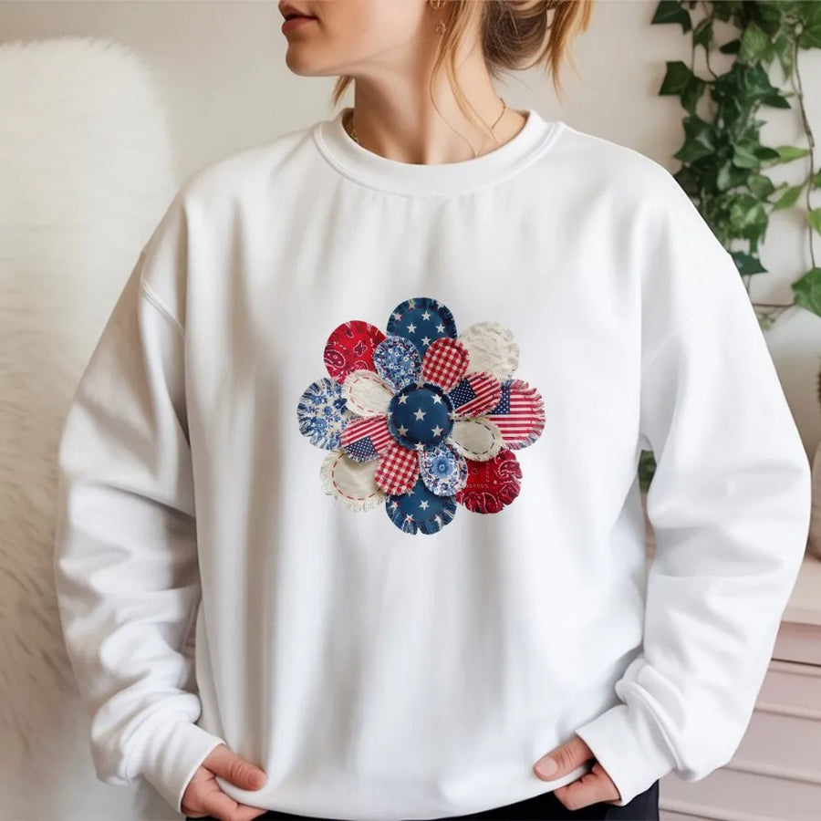 Patriotic Patchwork Flower Sweatshirt | Americana Quilt Style Graphic | Premium Comfort Colors Tee | 4th of July Gift for Women