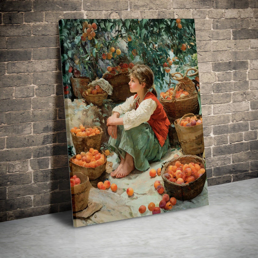 Peach Harvest Canvas Print | Vintage Farm Girl Painting Reproduction | Premium Gallery Wrapped Canvas | Rustic Farmhouse Decor Gift