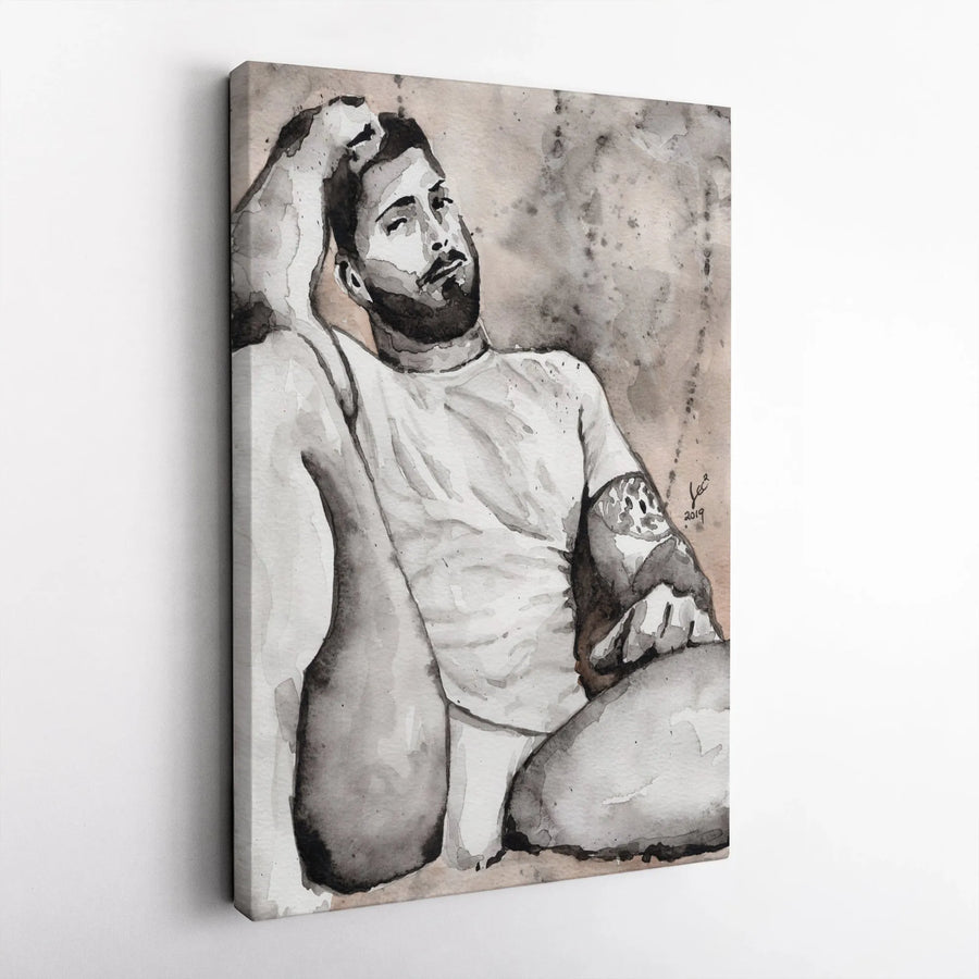 Bearded Man Wall Art | Watercolor Male Portrait Print | Premium Gallery Wrapped Canvas | Masculine Home Decor for Bedroom or Living Room