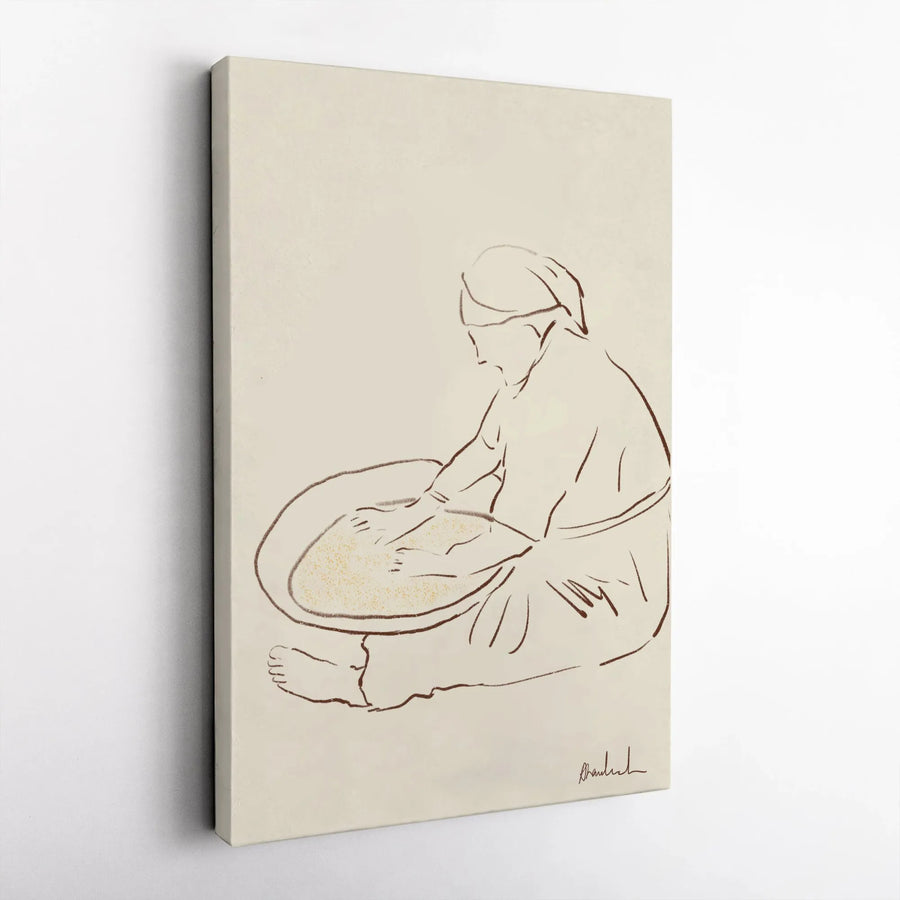 Woman Sifting Grain Minimalist Line Art Canvas | Abstract Cultural Wall Decor | Premium 1.25" Thick Gallery Print | Elegant Home & Office Gift