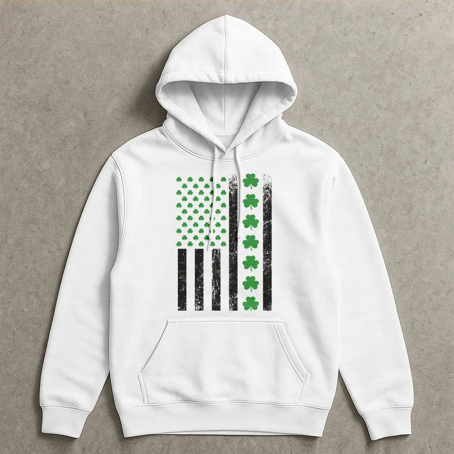 St. Patrick’s Day Irish American Flag Hoodie | Distressed Shamrock Graphic | Premium Cotton-Poly Blend | Unisex Lucky Gift for Men and Women