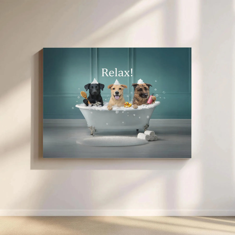Funny Dogs in Bathtub Canvas Wall Art | Whimsical Puppies Bubble Bath | Premium Gallery Wrapped Print | Bathroom Decor Gift for Dog Lovers