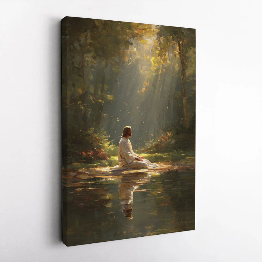Jesus Christ Vertical Canvas | Meditating in Serene Forest Painting | Premium 1.25" Thick Gallery Canvas | Christian Home Decor Gift for Family