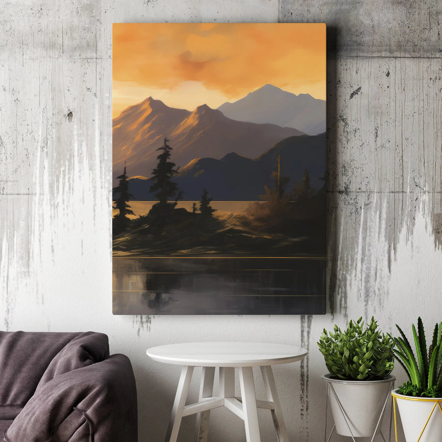 Mountain Sunset Vertical Canvas | Modern Minimalist Landscape Art | Premium Frameless Gallery Wrap | Living Room Wall Decor Gift