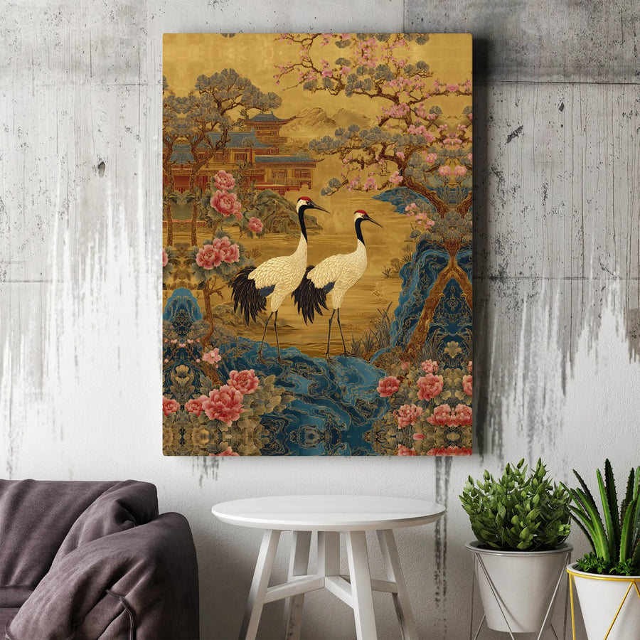 Chinoiserie Crane Canvas Art | Japanese Red-Crowned Crane Painting | Premium Gallery Quality Print | Gift for Asian Inspired Home Decor