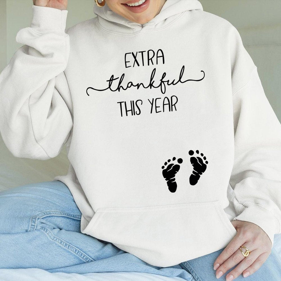 Extra Thankful This Year Hoodie | Baby Footprints Pregnancy Announcement | Premium Cotton Blend | Gift for Expecting Mom Thanksgiving Outfit