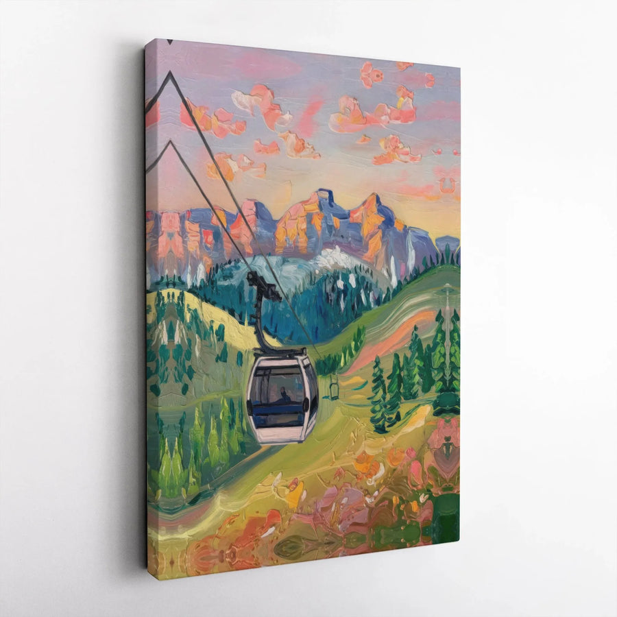 Scenic Gondola Mountain Vertical Canvas | Colorful Impressionist Ski Resort Landscape Wall Art | Premium 1.25 Inch Thick Frameless Canvas Print | Vibrant Winter Sports Cabin Decor Gift