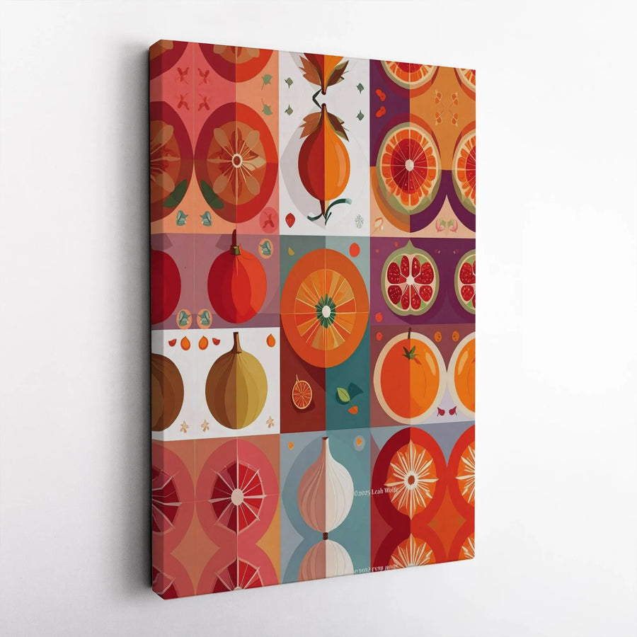 Citrus Fruit Wall Art | Geometric Mid Century Modern Kitchen Decor | Premium Fade-Resistant Canvas | Vibrant Foodie Gift for Home Office