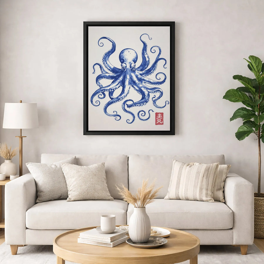 Japanese Octopus Canvas Wall Art | Blue Ink Marine Life Print | Premium Gallery Wrapped 1.25" Profile | Nautical Home Decor Gift for Ocean Lovers