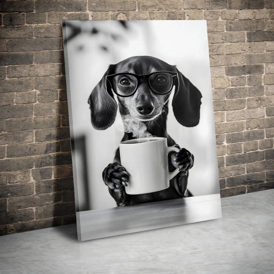 Dachshund Coffee Lover Wall Art | Funny Dog With Glasses Portrait | Premium 1.25" Thick Gallery Canvas | Modern Home Office Decor Gift