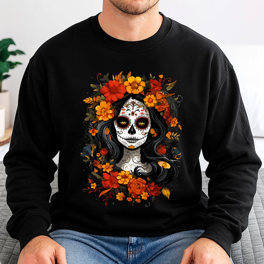 Day of the Dead Sugar Skull Sweatshirt | Floral La Catrina Graphic Art | Premium Cotton Blend Crewneck | Dia de los Muertos Gift for Women