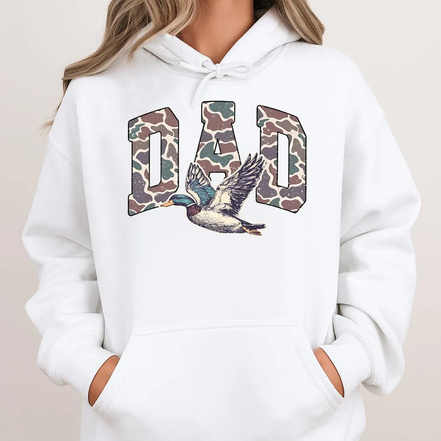 Camo Dad Hoodie | Flying Mallard Duck Hunting Graphic | Premium Cotton Blend | Perfect Gift for Hunters and Outdoorsmen
