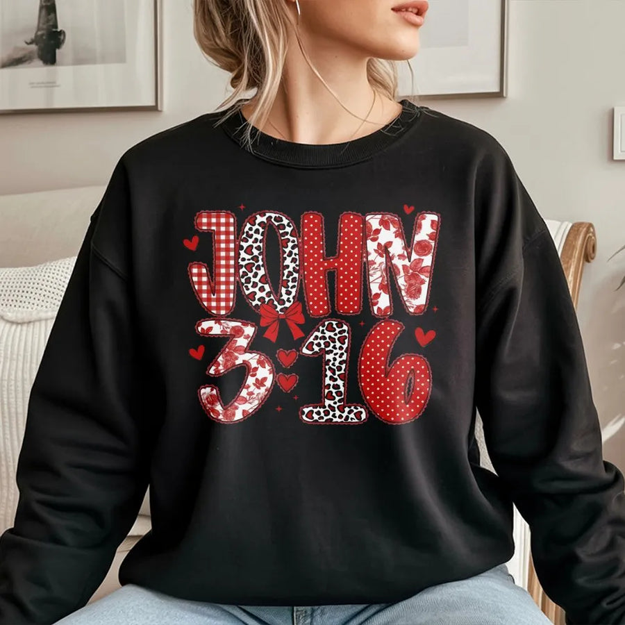 John 3:16 Sweatshirt | Red Heart Pattern Christian Bible Verse | Soft Premium Cotton Blend | Faith-Based Valentine Gift For Women