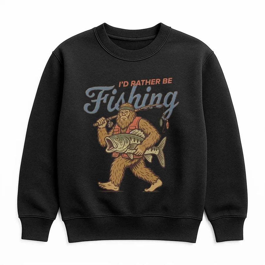 Sasquatch Fishing Sweatshirt | Retro I'd Rather Be Fishing Graphic | Premium Cotton Blend | Funny Gift for Fisherman and Cryptid Lovers