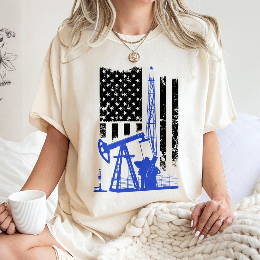 Oilfield Worker T-Shirt | Patriotic American Flag & Oil Rig Graphic | 100% Premium Cotton | Oil & Gas Industry Gift for Men