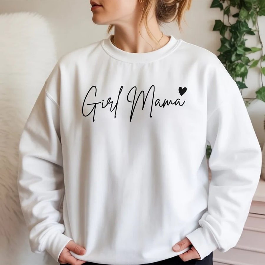 Girl Mama Sweatshirt | Cursive Script with Heart Design | Cozy Cotton Blend Pullover | Premium Mothers Day Gift for New Mom