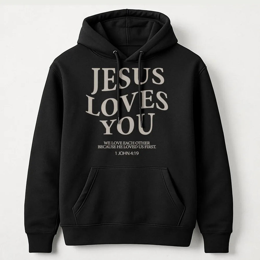 Jesus Loves You Hoodie | Minimalist Bible Verse Script | Soft Cotton Blend Unisex Pullover | Christian Gift for Faith Based Apparel