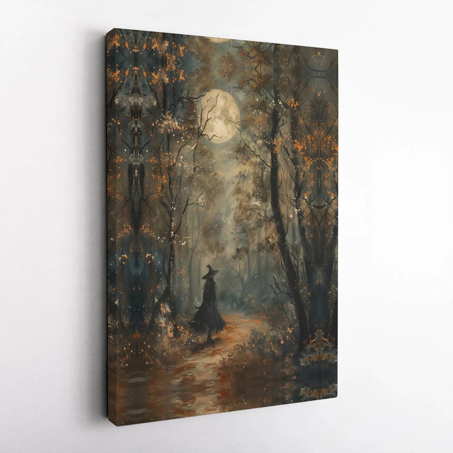 Witch In Forest Canvas Wall Art | Spooky Autumn Full Moon Print | Gallery Quality 1.25-inch Profile | Gothic Home Decor Gift