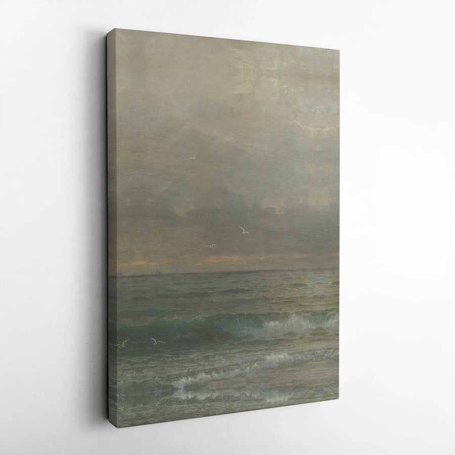 Vintage Seascape Canvas Wall Art | Moody Ocean Painting Print with Seagulls | Premium Frameless Canvas | Living Room Decor Collector's Gift
