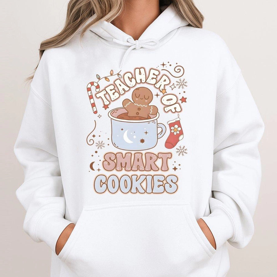 Teacher Of Smart Cookies Hoodie | Retro Gingerbread Christmas Design | Soft Cotton-Polyester Blend | Festive Holiday Gift For Teachers