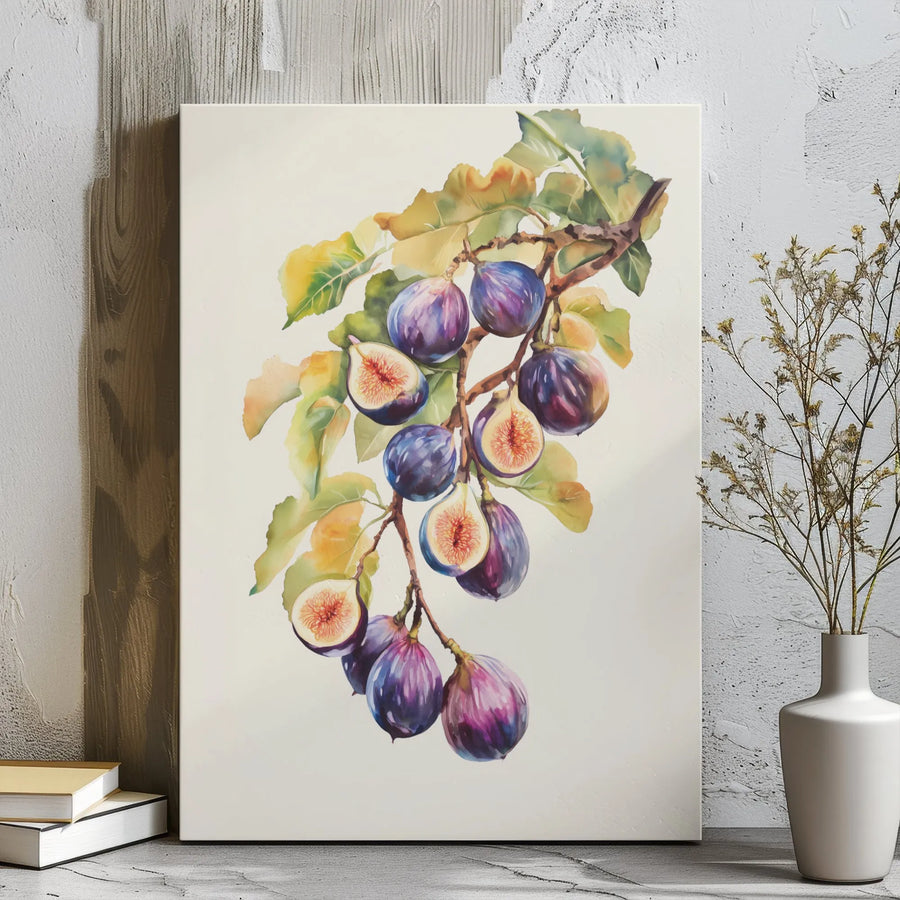 Fig Branch Watercolor Canvas Art | Botanical Kitchen Wall Decor | Premium Gallery Wrap Print | Nature Inspired Gift for Home
