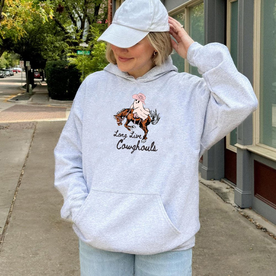 Long Live Cowghouls Hoodie | Western Ghost Cowboy Graphic | Premium Cotton Blend | Spooky Halloween Fall Gift for Women