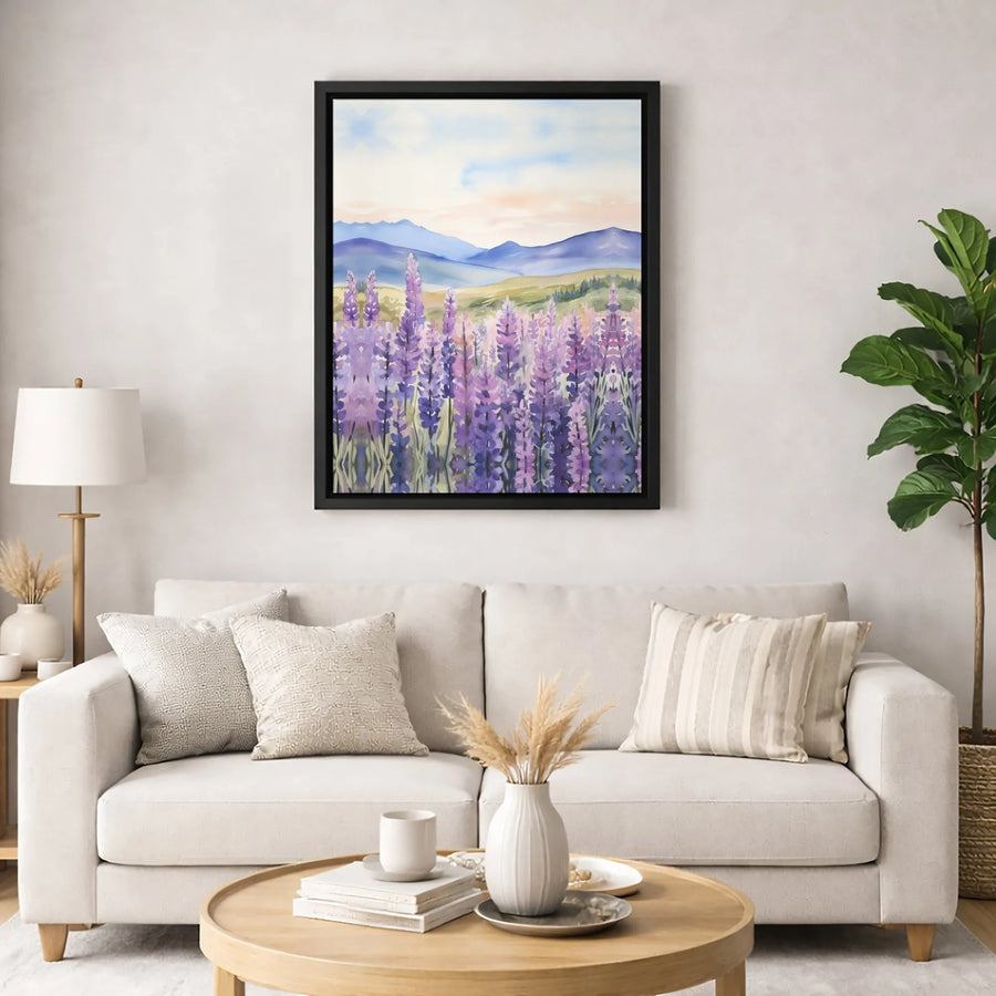 Lavender Field Canvas Wall Art | Watercolor Mountain Landscape Print | Premium 1.25-Inch Gallery Wrap | Peaceful Floral Home Decor Gift