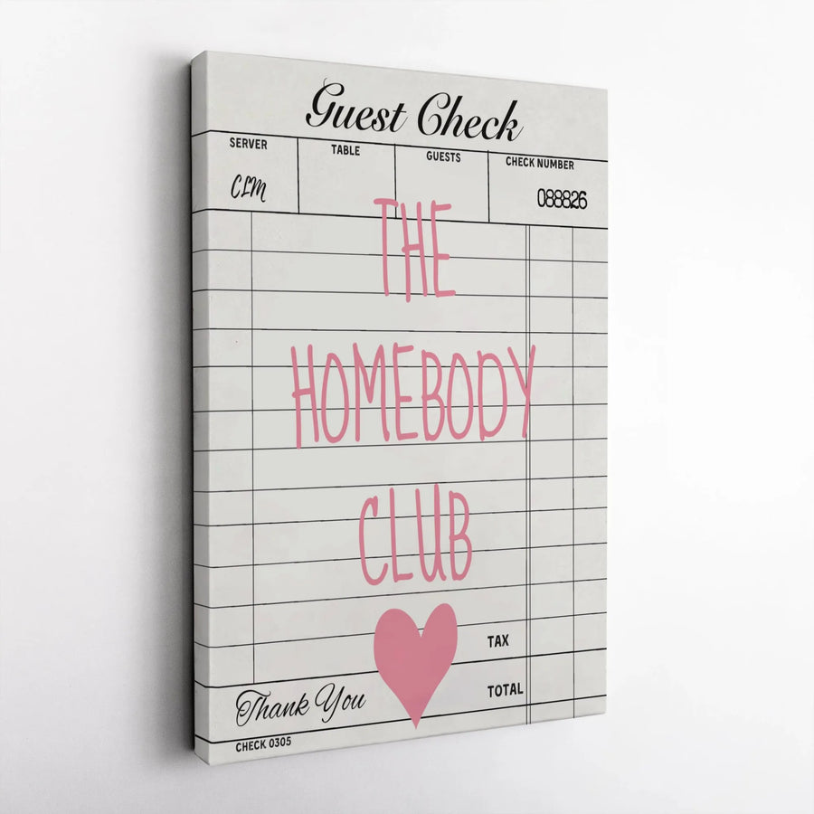 The Homebody Club Canvas Art | Restaurant Receipt Design with Pink Heart | Premium Gallery Wrap | Trendy Aesthetic Wall Decor for Bedroom
