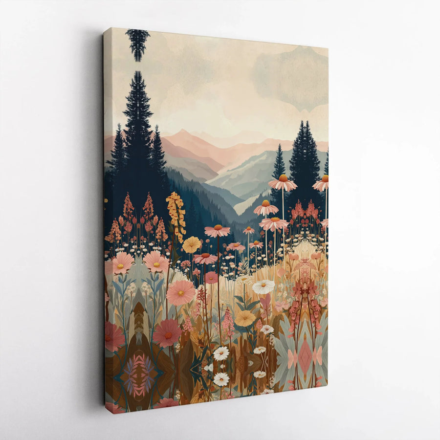 Retro Wildflower Mountain Landscape Vertical Canvas | Botanical Meadow Art Print with Pine Trees | 1.25 Inch Stretched Gallery Wrap | Nature Lover Gift, Aesthetic Wall Decor