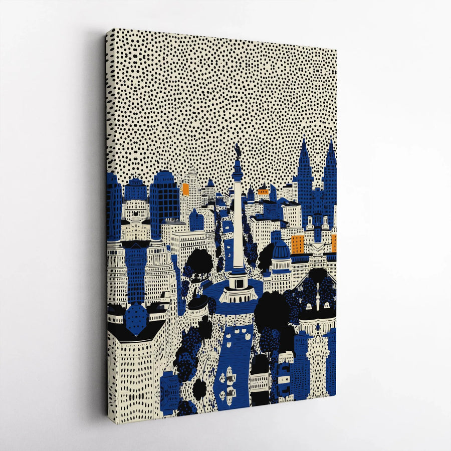 Indianapolis Cityscape Vertical Canvas | Stylized Blue Skyline Art with Patterned Sky | Premium 1.25" Frameless Gallery Wrap | Modern Home Office Wall Decor Gift