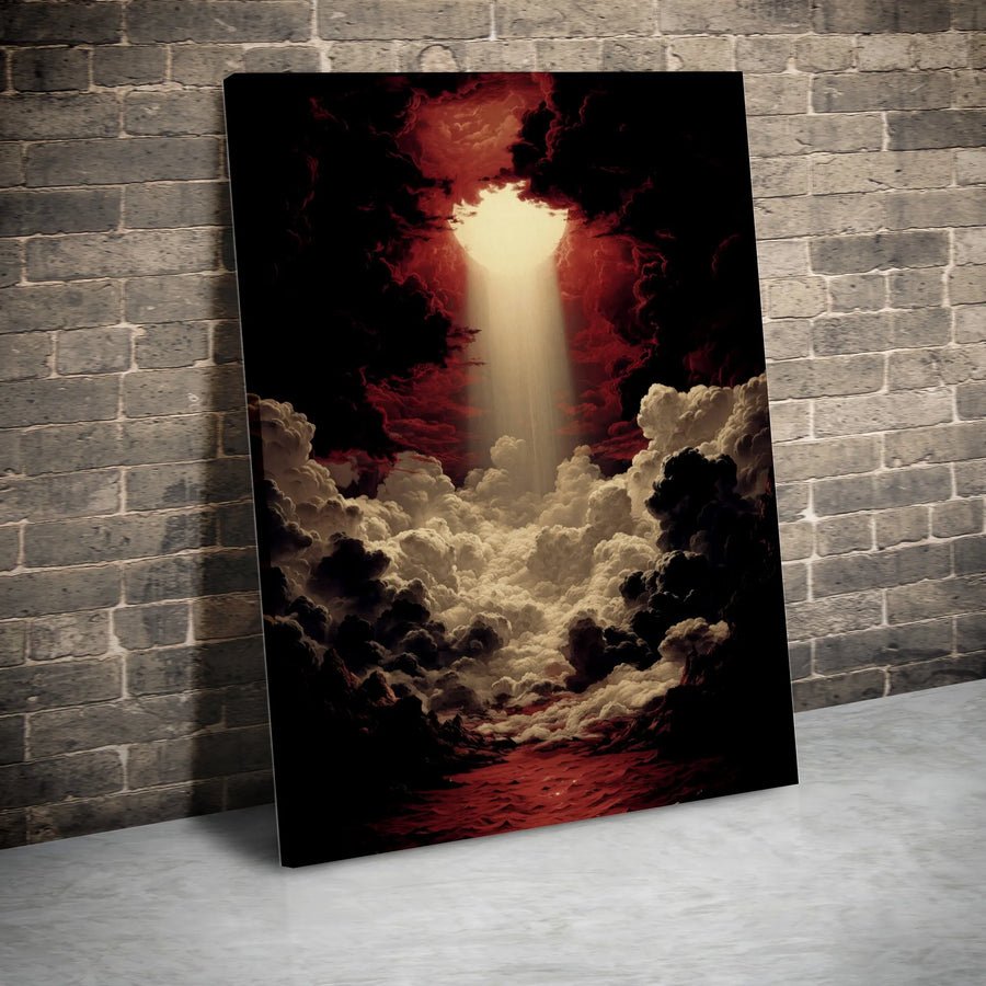 Dramatic Cloudscape Canvas Art | Surreal Heavenly Light & Red Clouds Painting | Thick Gallery Wrapped Canvas | Gothic Home & Office Decor Gift